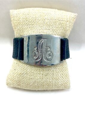 Engraved 'A' Silver Plate Leather Cuff Bracelet - Black